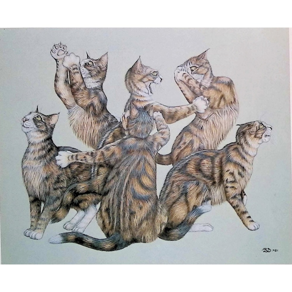 1982 Zoe Stokes Dancing Tabby Cats Vintage Book Print Whimsical Feline Wall Art